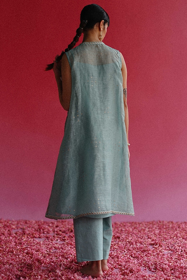 Blue Handloom Pure Linen Silk Kurta Set by Taisha at Pernia's Pop Up Shop