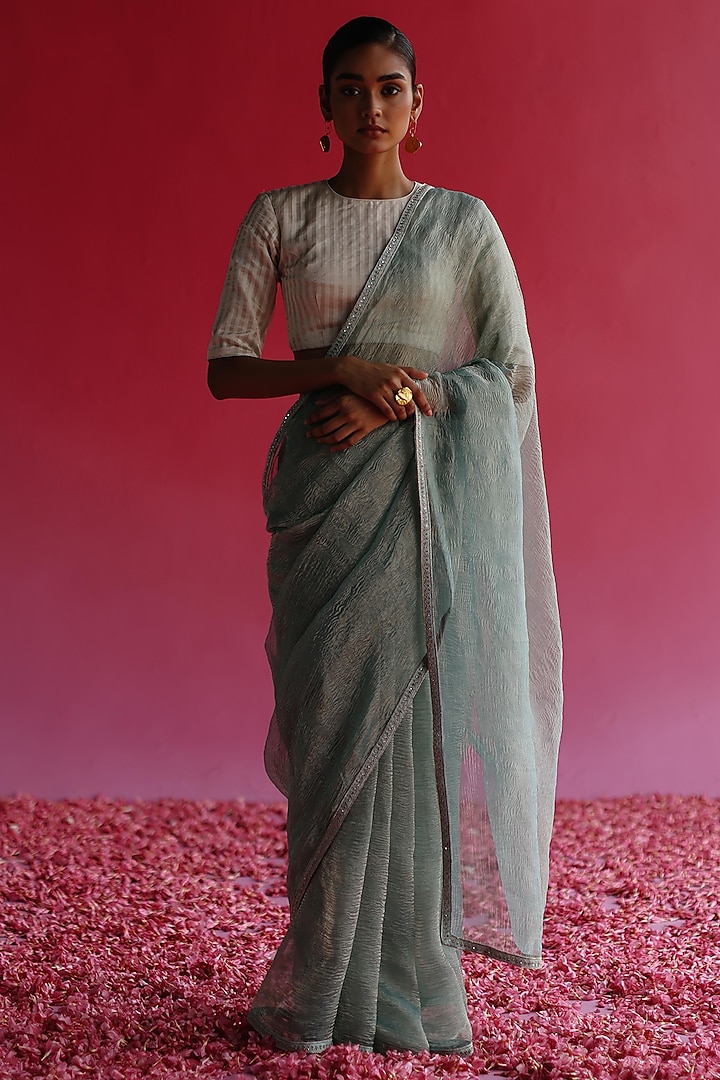 Blue Tissue Silk Saree Set by Taisha