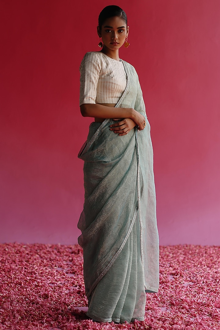 Blue Tissue Silk Party Wear Saree Set by Taisha at Pernia's Pop Up Shop