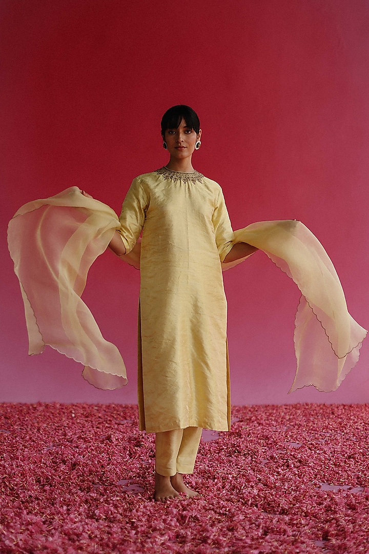 Yellow Tissue Silk Kurta Set by Taisha