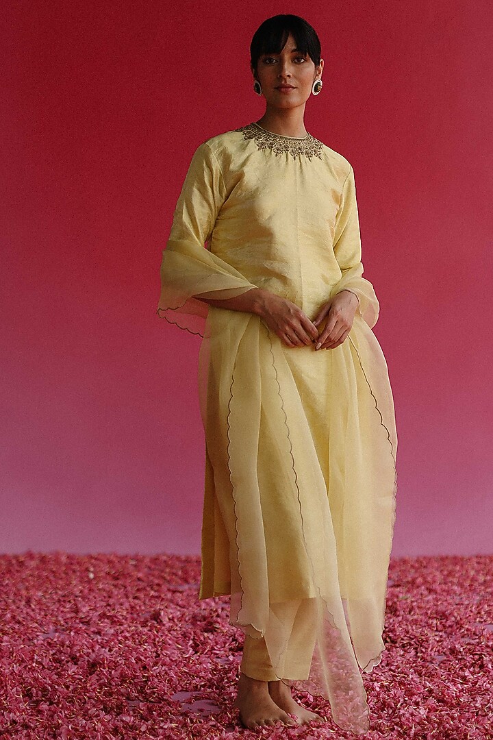 Yellow Tissue Silk Kurta Set by Taisha at Pernia's Pop Up Shop