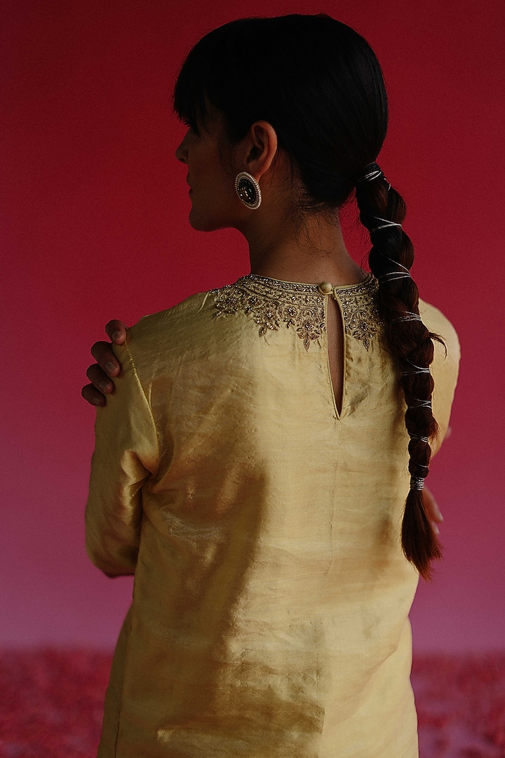 Yellow Tissue Silk Kurta Set by Taisha at Pernia's Pop Up Shop