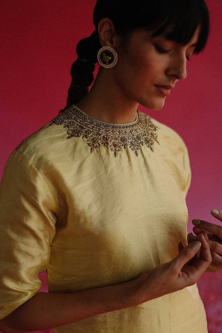 Yellow Tissue Silk Kurta Set by Taisha at Pernia's Pop Up Shop