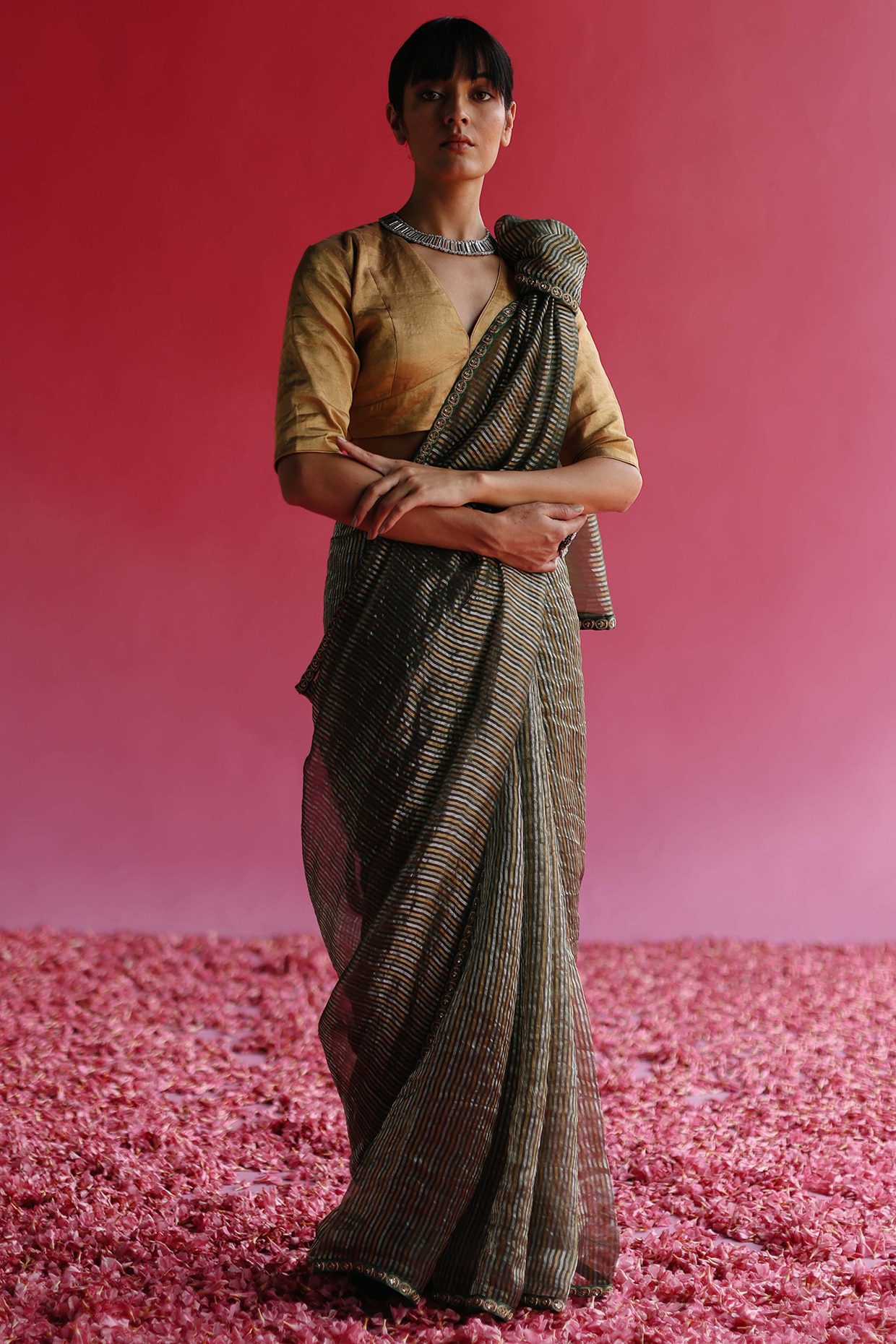 Kota Tissue Silver Gold Stripes Saree – Vidhi Singhania