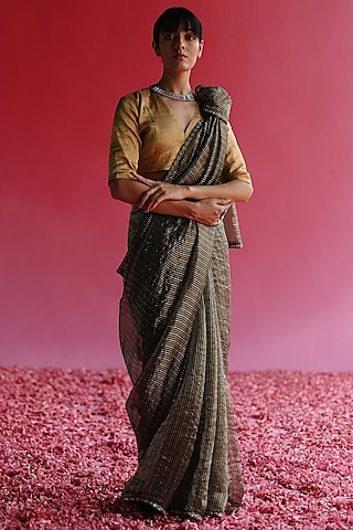Gold & Silver Tissue Silk Saree Set by Taisha
