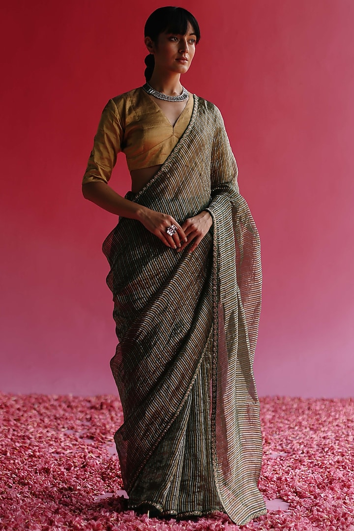 Gold & Silver Tissue Silk Party Wear Saree Set by Taisha at Pernia's Pop Up Shop