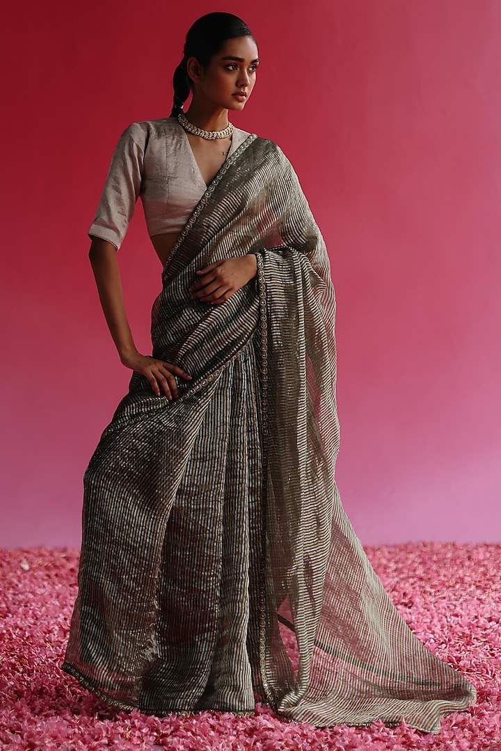 Gold & Silver Tissue Silk Saree Set by Taisha