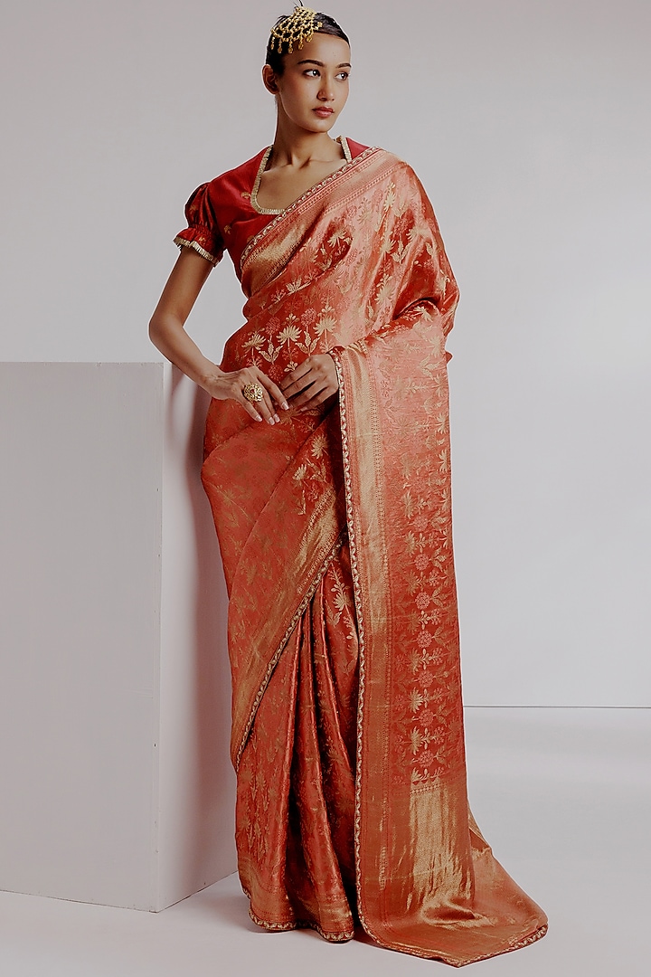 Multi-Colored Pure Tanchoi Katan Silk Hand Woven Banarasi Saree Set by Taisha at Pernia's Pop Up Shop