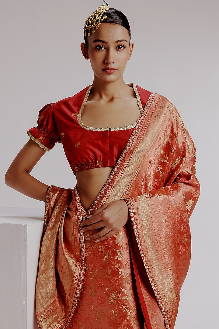 Multi-Colored Pure Tanchoi Katan Silk Hand Woven Banarasi Wedding Saree Set by Taisha at Pernia's Pop Up Shop