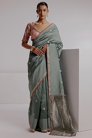 Multi-Colored Pure Spun Silk Hand Woven Banarasi Saree Set by Taisha