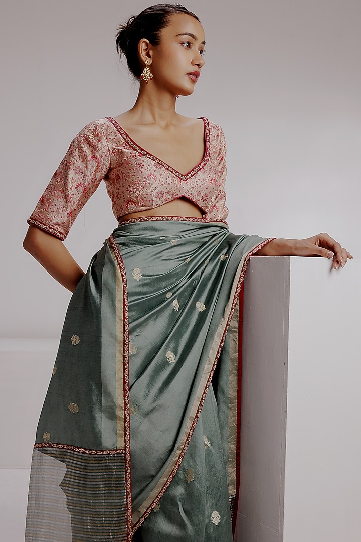 Multi-Colored Pure Spun Silk Hand Woven Banarasi Wedding Saree Set by Taisha at Pernia's Pop Up Shop