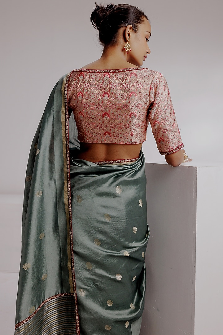 Multi-Colored Pure Spun Silk Hand Woven Banarasi Wedding Saree Set by Taisha at Pernia's Pop Up Shop