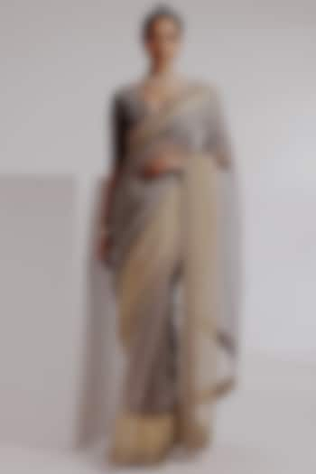 Grey Pure Zari Silver Crushed Tissue Hand Embroidered Saree Set by Taisha at Pernia's Pop Up Shop