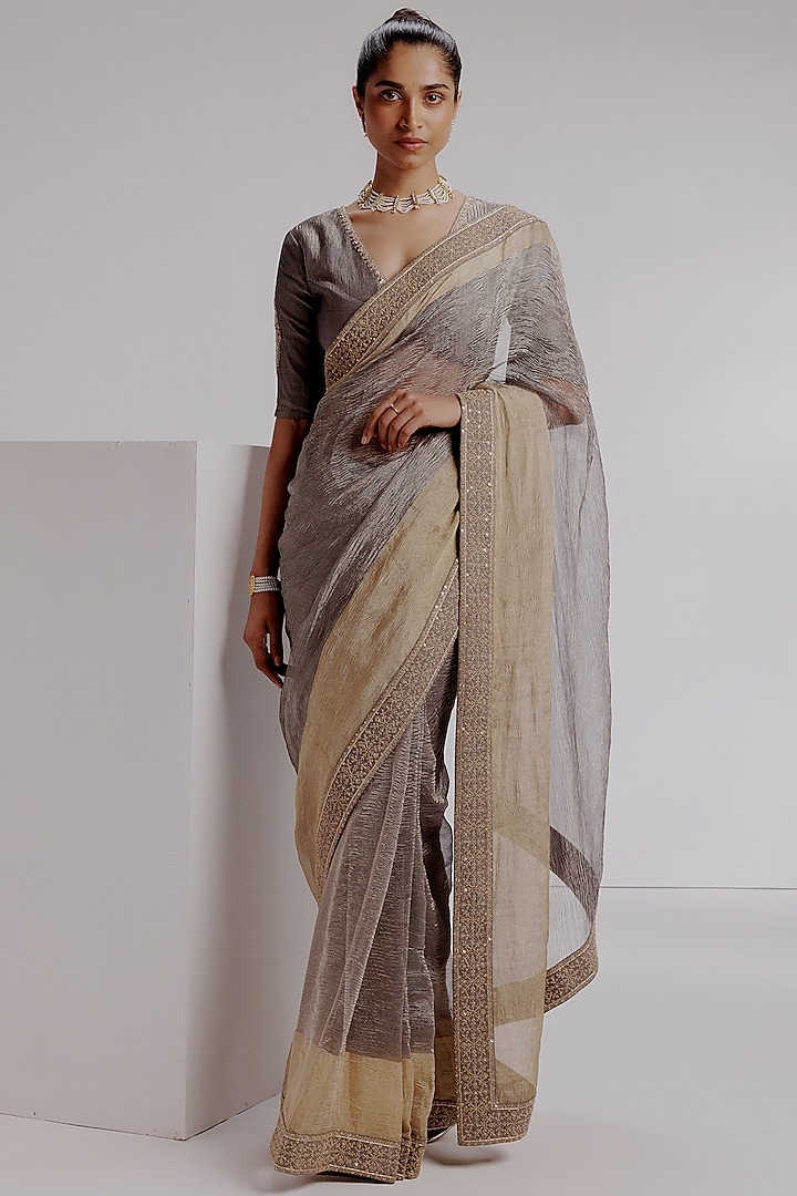 Grey Pure Zari Silver Crushed Tissue Hand Embroidered Saree Set by Taisha at Pernia's Pop Up Shop