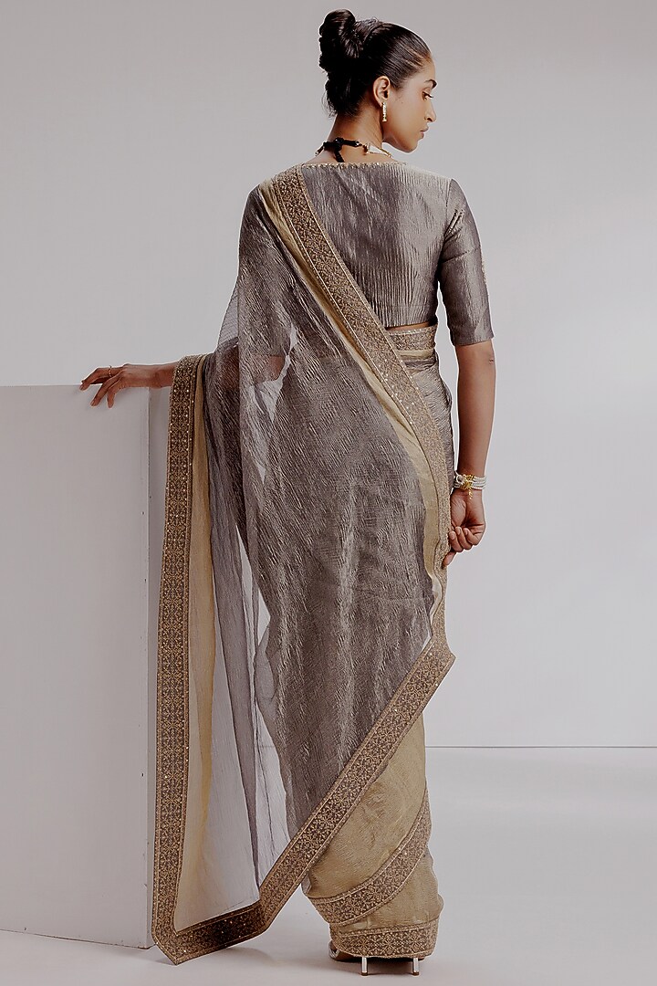 Grey Pure Zari Silver Crushed Tissue Hand Embroidered Wedding Saree Set by Taisha at Pernia's Pop Up Shop