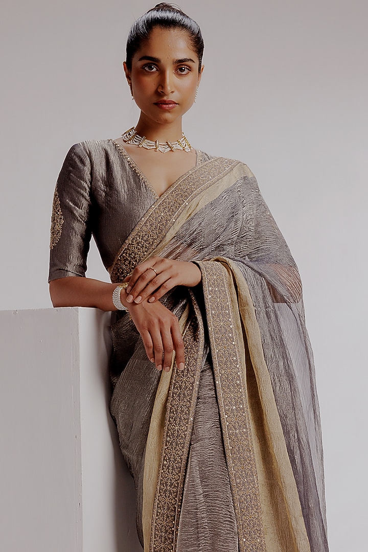 Grey Pure Zari Silver Crushed Tissue Hand Embroidered Wedding Saree Set by Taisha at Pernia's Pop Up Shop