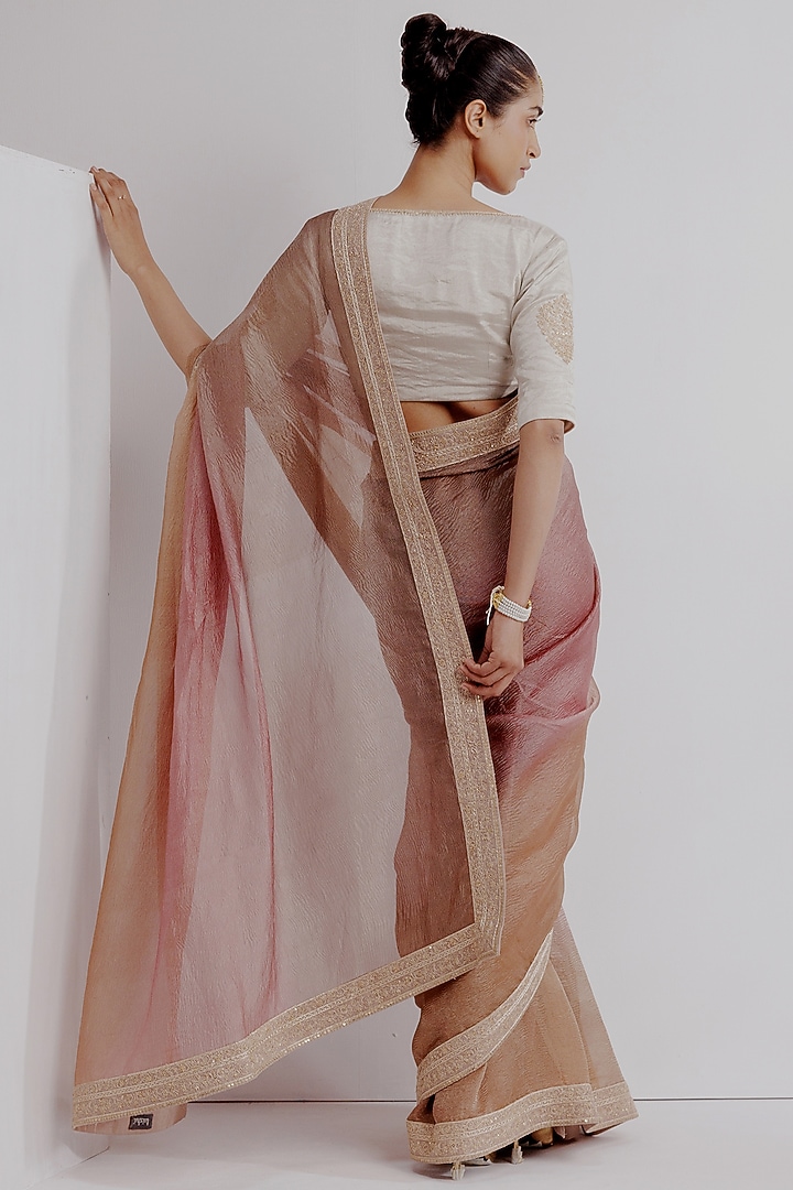 Old Rose Ombre Pure Zari Silver Crushed Tissue Hand Embroidered Wedding Saree Set by Taisha at Pernia's Pop Up Shop