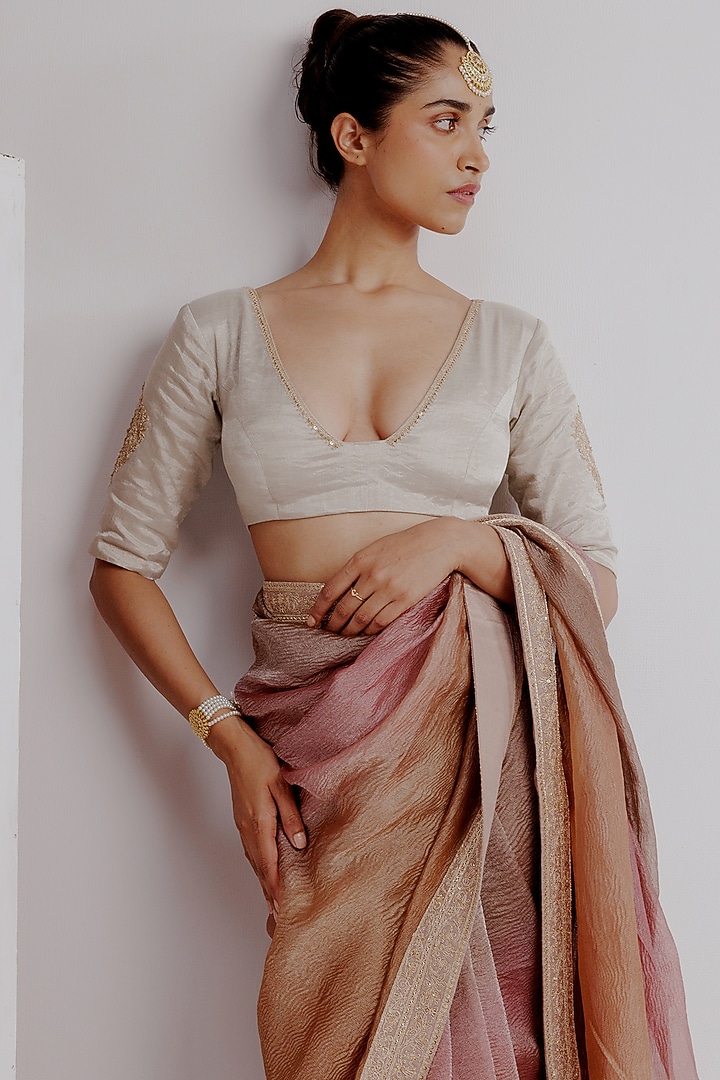 Old Rose Ombre Pure Zari Silver Crushed Tissue Hand Embroidered Wedding Saree Set by Taisha at Pernia's Pop Up Shop