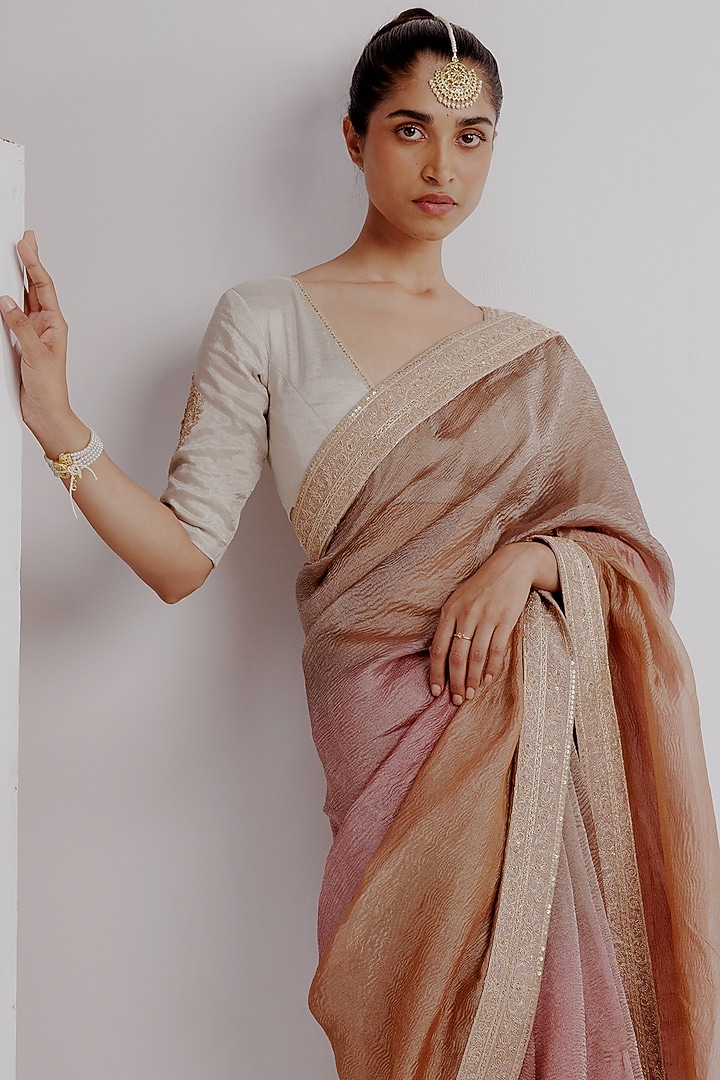 Old Rose Ombre Pure Zari Silver Crushed Tissue Hand Embroidered Wedding Saree Set by Taisha at Pernia's Pop Up Shop