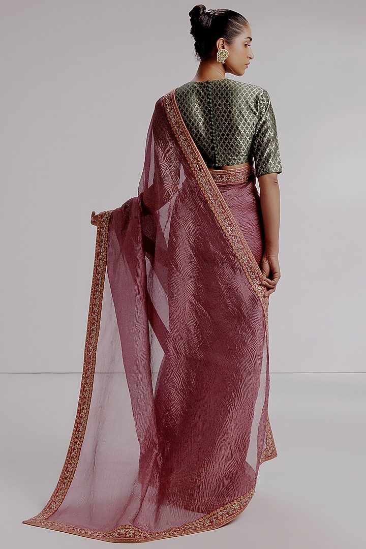 Purple Pure Zari Crushed Tissue Hand Embroidered Wedding Saree Set by Taisha at Pernia's Pop Up Shop