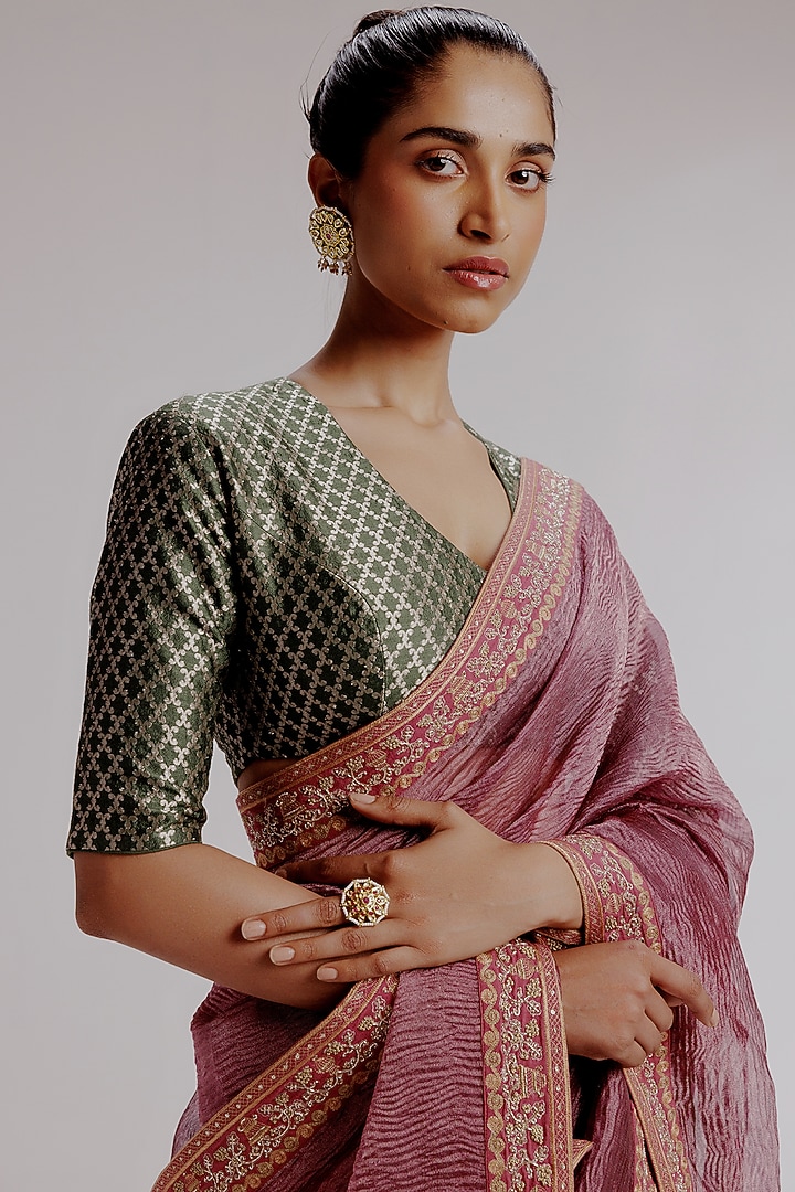 Purple Pure Zari Crushed Tissue Hand Embroidered Wedding Saree Set by Taisha at Pernia's Pop Up Shop