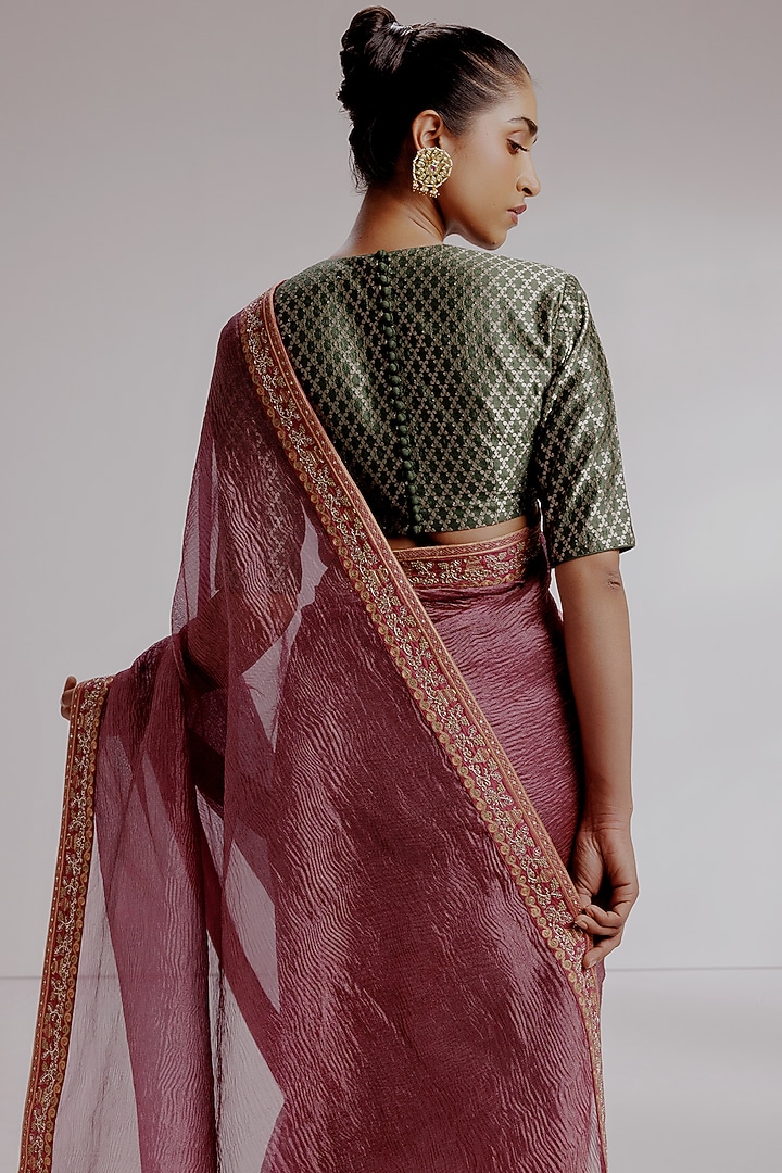 Purple Pure Zari Crushed Tissue Hand Embroidered Wedding Saree Set by Taisha at Pernia's Pop Up Shop