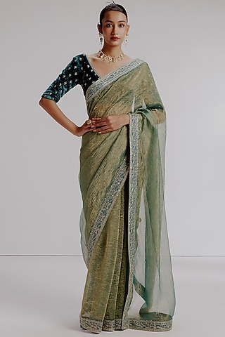 Green Pure Zari Crushed Tissue Hand Embroidered Saree Set by Taisha
