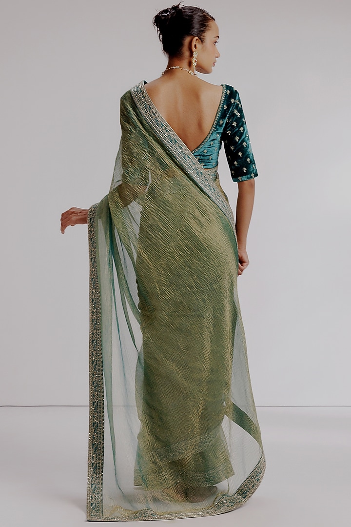 Green Pure Zari Crushed Tissue Hand Embroidered Wedding Saree Set by Taisha at Pernia's Pop Up Shop