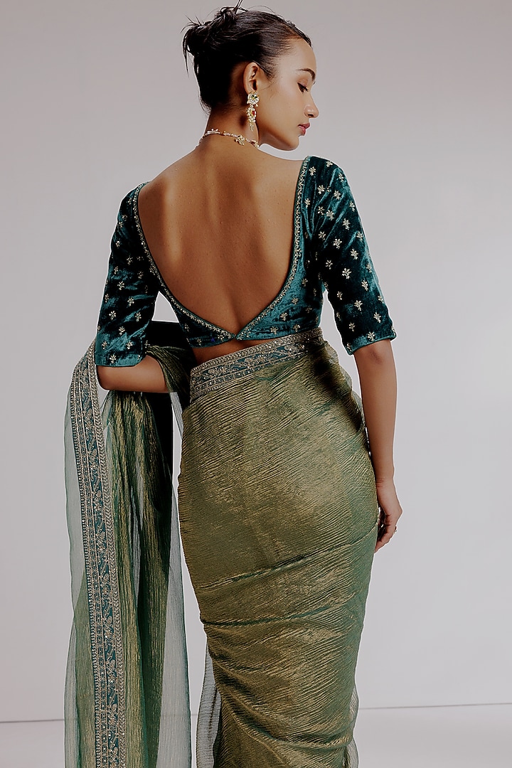 Green Pure Zari Crushed Tissue Hand Embroidered Wedding Saree Set by Taisha at Pernia's Pop Up Shop