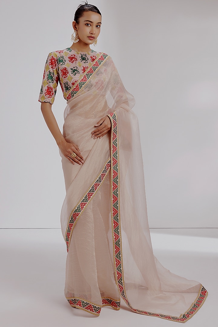 Multi-Colored Pure Zari Organza Hand Woven Saree Set by Taisha at Pernia's Pop Up Shop