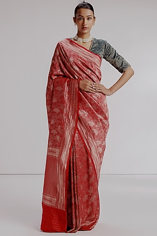 Red Pure Katan Silk Banarasi Hand Woven Saree Set by Taisha