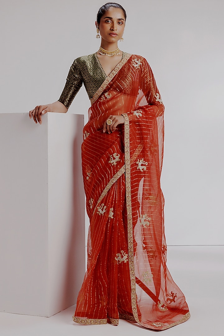 Multi-Colored Pure Zari Organza Hand Embroidered Saree Set by Taisha at Pernia's Pop Up Shop