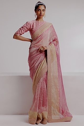Pink Pure Zari Crushed Tissue Hand Embroidered Saree Set by Taisha