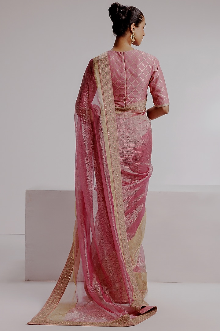Pink Pure Zari Crushed Tissue Hand Embroidered Wedding Saree Set by Taisha at Pernia's Pop Up Shop