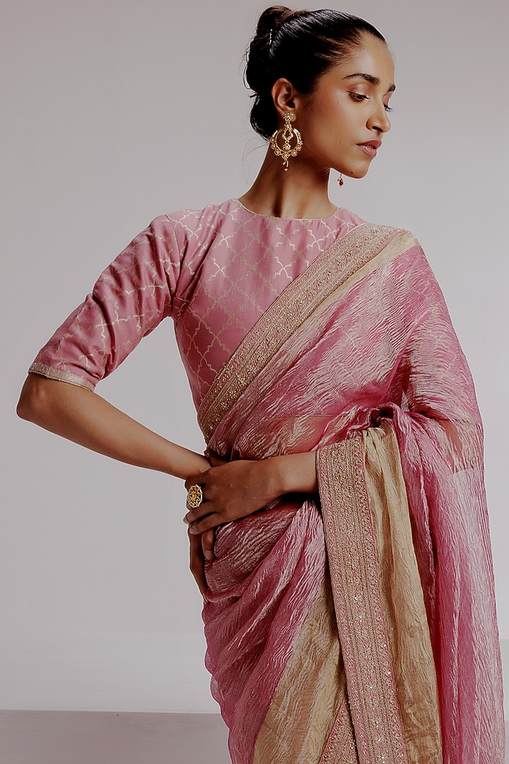 Pink Pure Zari Crushed Tissue Hand Embroidered Wedding Saree Set by Taisha at Pernia's Pop Up Shop