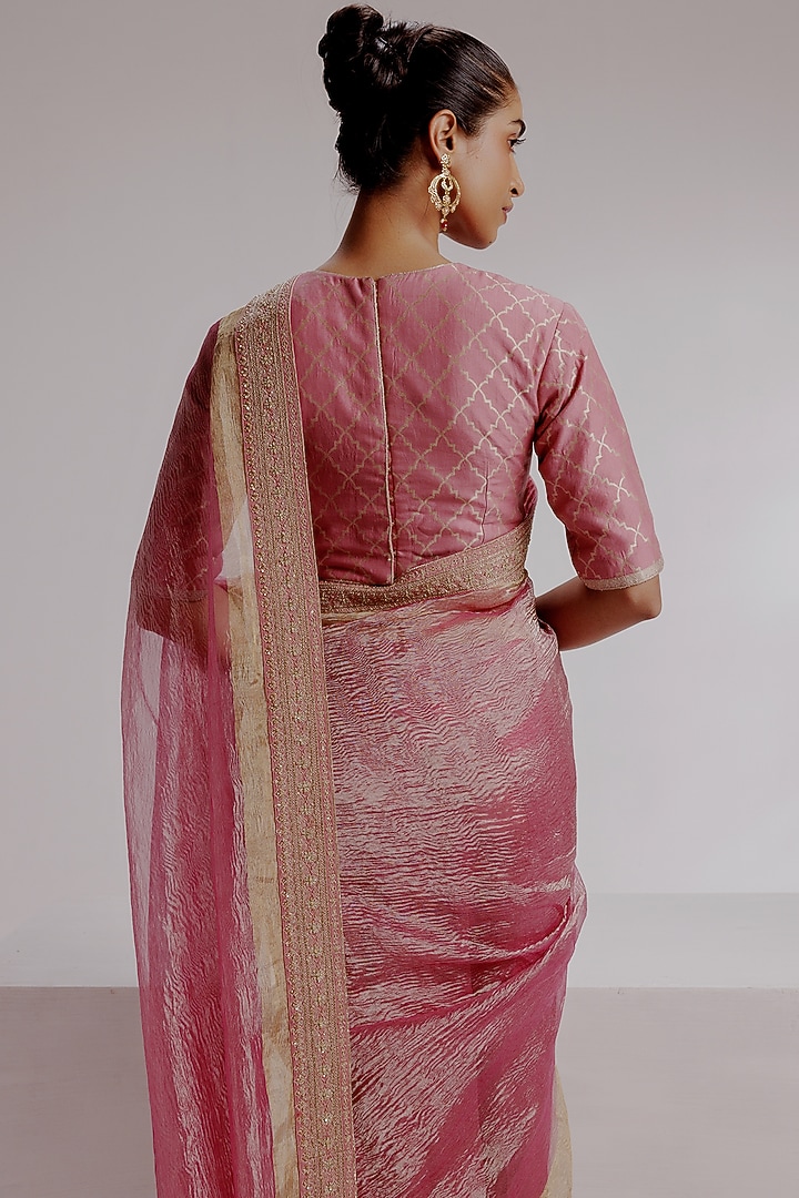 Pink Pure Zari Crushed Tissue Hand Embroidered Wedding Saree Set by Taisha at Pernia's Pop Up Shop