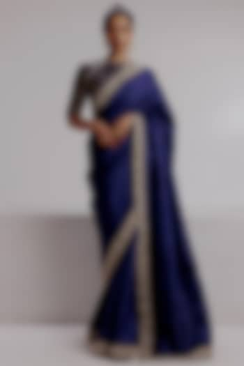 Royal Blue Pure Tussar Silk Hand Embroidered & Hand-Dyed Saree Set by Taisha at Pernia's Pop Up Shop