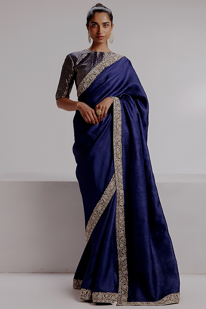 Royal Blue Pure Tussar Silk Hand Embroidered & Hand-Dyed Saree Set by Taisha at Pernia's Pop Up Shop