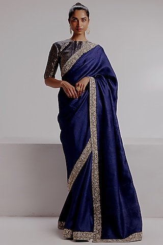 Royal Blue Pure Tussar Silk Hand Embroidered & Hand-Dyed Saree Set by Taisha