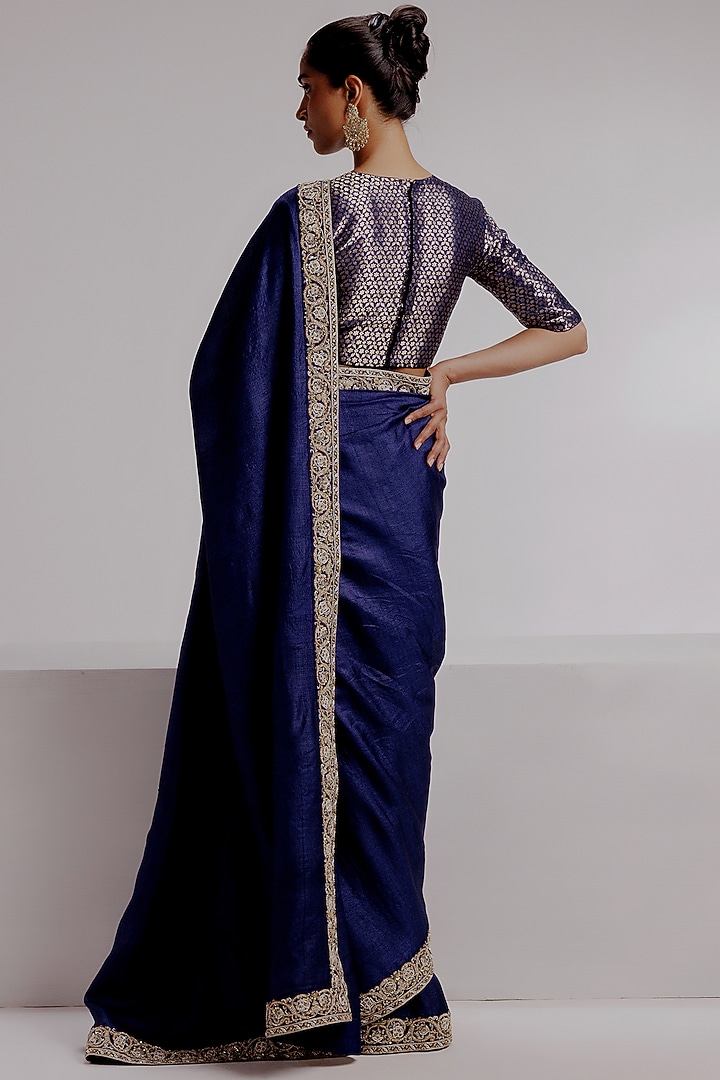 Royal Blue Pure Tussar Silk Hand Embroidered & Hand-Dyed Wedding Saree Set by Taisha at Pernia's Pop Up Shop