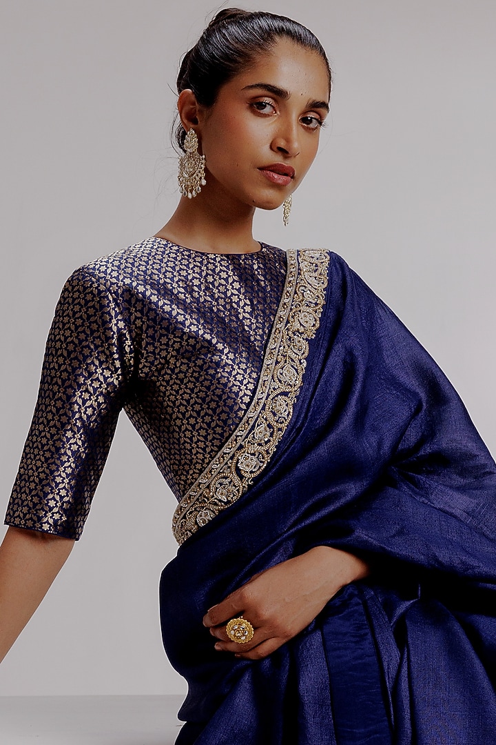 Royal Blue Pure Tussar Silk Hand Embroidered & Hand-Dyed Wedding Saree Set by Taisha at Pernia's Pop Up Shop