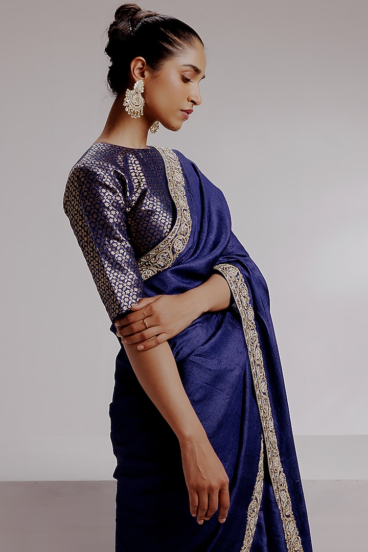 Royal Blue Pure Tussar Silk Hand Embroidered & Hand-Dyed Wedding Saree Set by Taisha at Pernia's Pop Up Shop