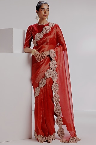 Maroon Pure Zari Organza Hand Embroidered Saree Set by Taisha