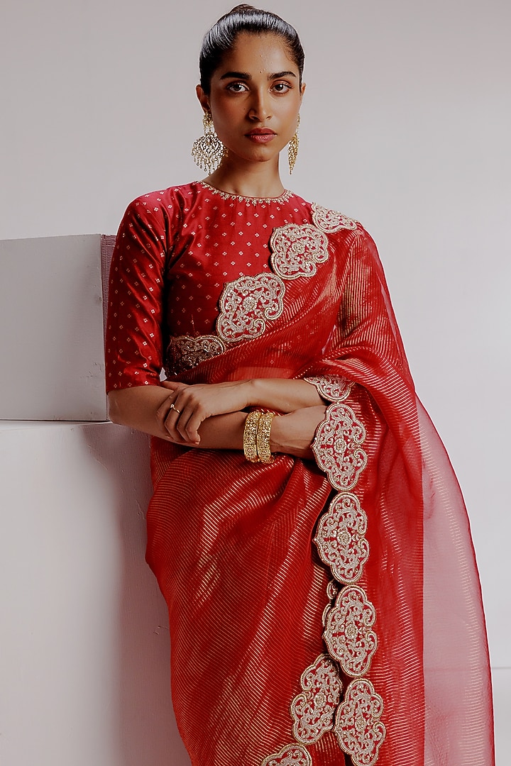 Maroon Pure Zari Organza Hand Embroidered Wedding Saree Set by Taisha at Pernia's Pop Up Shop