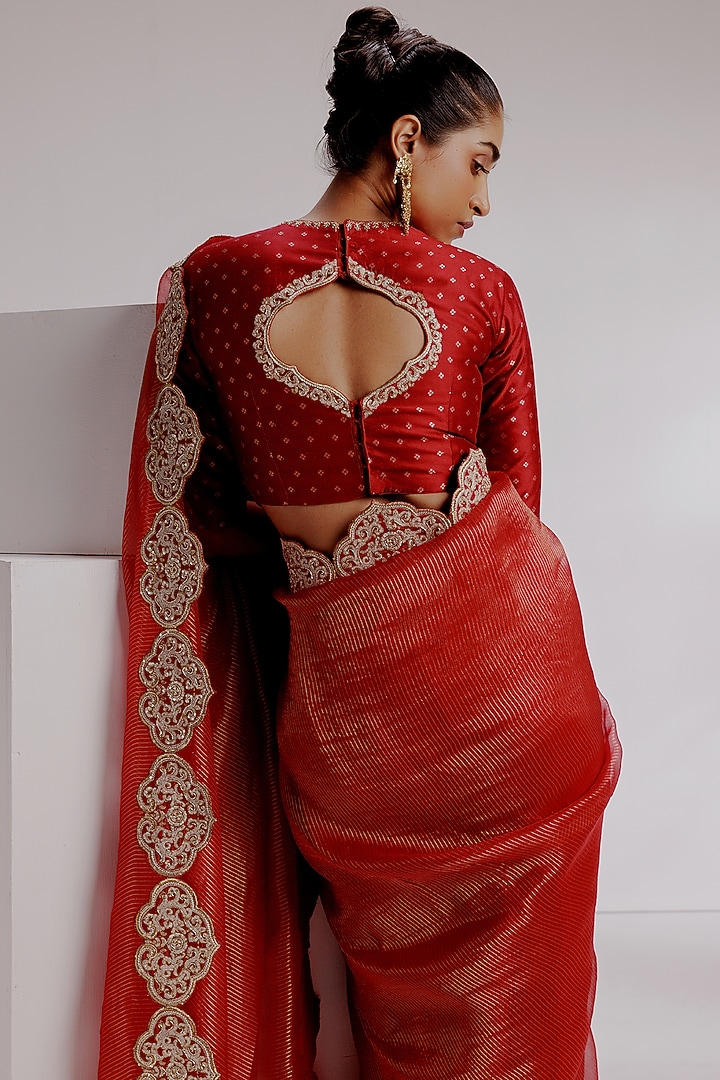 Maroon Pure Zari Organza Hand Embroidered Wedding Saree Set by Taisha at Pernia's Pop Up Shop