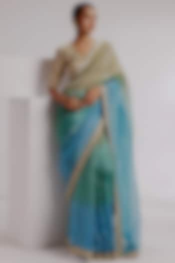 Aqua Ombre Pure Zari Crushed Tissue Hand Embroidered Saree Set by Taisha at Pernia's Pop Up Shop