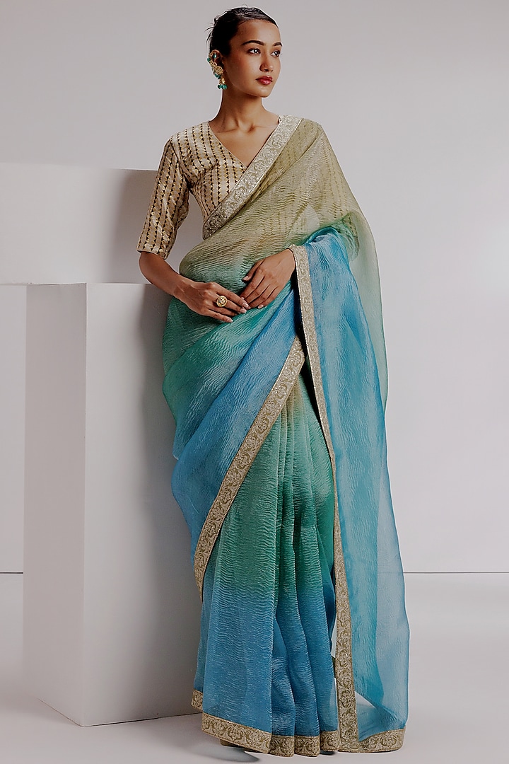 Aqua Ombre Pure Zari Crushed Tissue Hand Embroidered Saree Set by Taisha at Pernia's Pop Up Shop