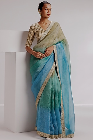 Aqua Ombre Pure Zari Crushed Tissue Hand Embroidered Saree Set by Taisha