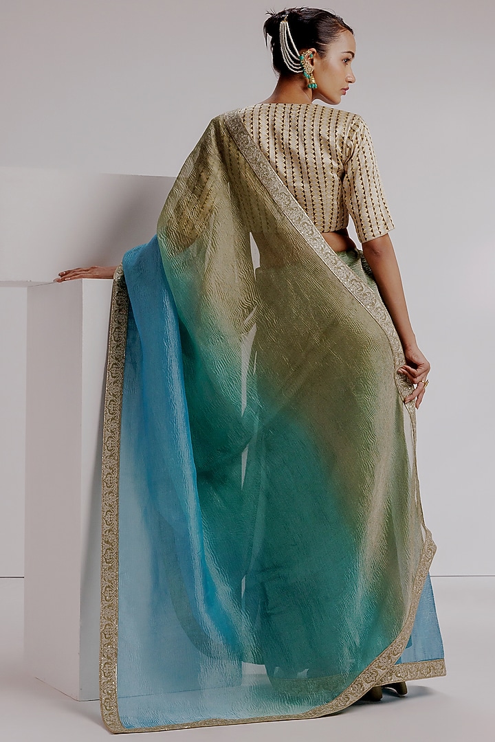 Aqua Ombre Pure Zari Crushed Tissue Hand Embroidered Wedding Saree Set by Taisha at Pernia's Pop Up Shop