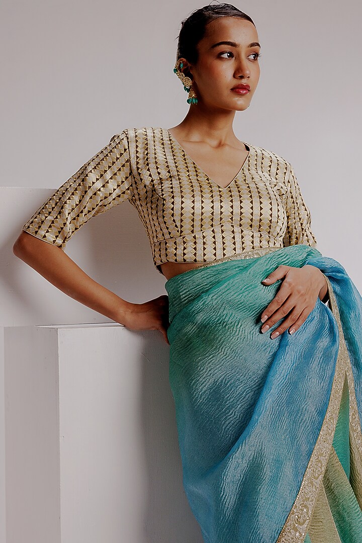 Aqua Ombre Pure Zari Crushed Tissue Hand Embroidered Wedding Saree Set by Taisha at Pernia's Pop Up Shop